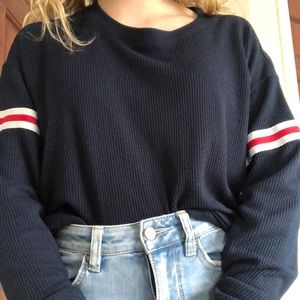 long sleeve blue tank with stripes on sleeves